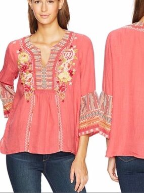 Johnny Was workshop embroidered Tilly flare blouse coral XS